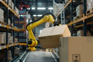 A robotic arm handling a cardboard box in a warehouse.