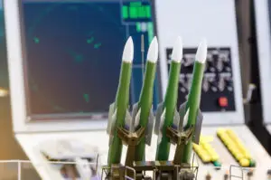 Rockets weapons, against the backdrop of the rocket launch control panel. Defense concept